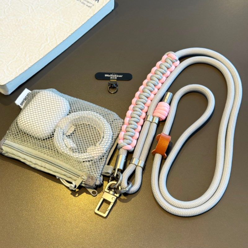 Collier Téléphone Cordon Long Tressé Bicolore Gris/Rose avec Mini Pochette — ECO · Smarty Paris 18e